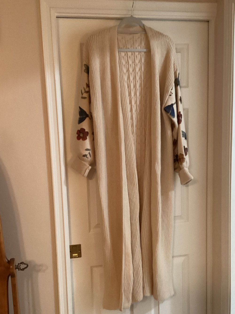 SHEIN Cream Longline Open Cardigan with Floral Embroidered Sleeves